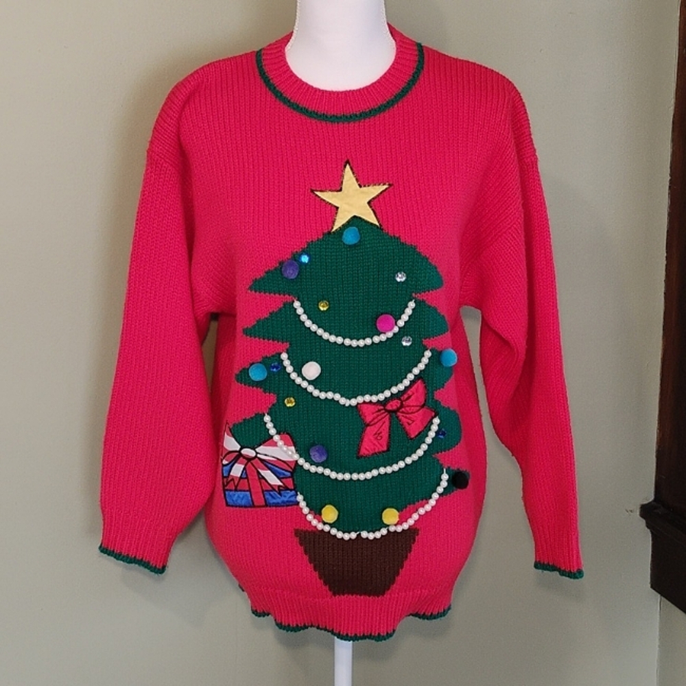 Bravo Women's Christmas Sweater, Red w/ Green Christmas tree, Size Medium